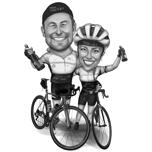 Cyclists Couple Caricature in Black and White
