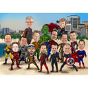 Superhelden-Jungen-Gruppen-Karikatur im Ganzkörper-Farbstil auf benutzerdefiniertem Hintergrund
