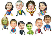 Caricatura di gruppo esagerata di supereroi in stile a colori dalle foto