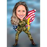 Dibujos animados femeninos militares de cuerpo completo con bandera