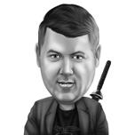 Man with Sword Caricature in Black and White Style