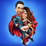 Caricatura de casal voador super-herói com fundo