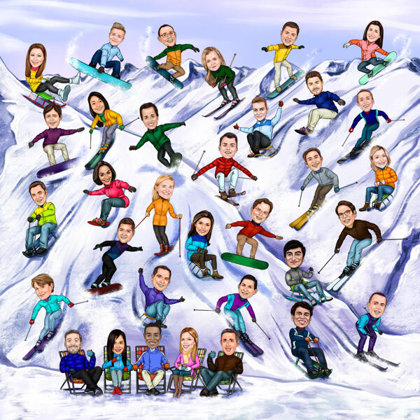 Рождественская карикатурная открытка на лыжах