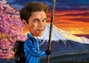 Карикатурный портрет человека с головой и плечами в цветном стиле на фоне гор