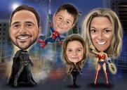 Supervaroņu ģimene ar bērniem karikatūra ar pilsētas fonu