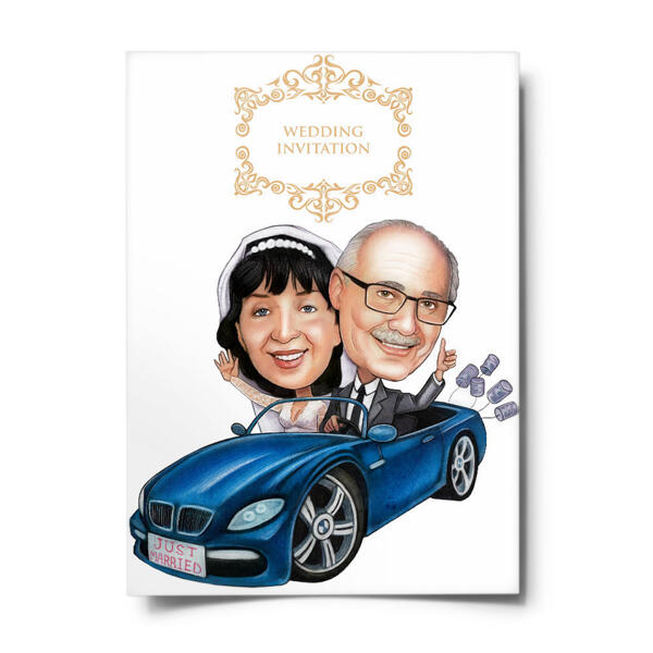 Пара в машине. Приглашение на свадьбу. Карикатура. Рисунок из фотографий для открытки.