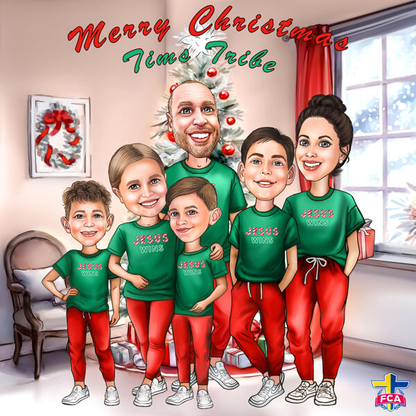 Caricatura familiar de Feliz Navidad en pijamas a juego