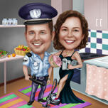 Desen de caricatură ofițer de poliție cu soția