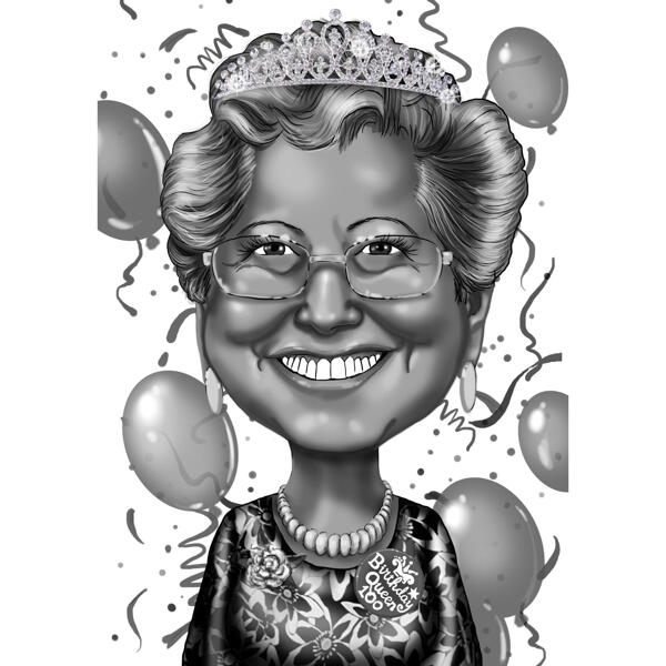 Cadeau de caricature anniversaire reine grand-mère dans le style noir et blanc de la photo