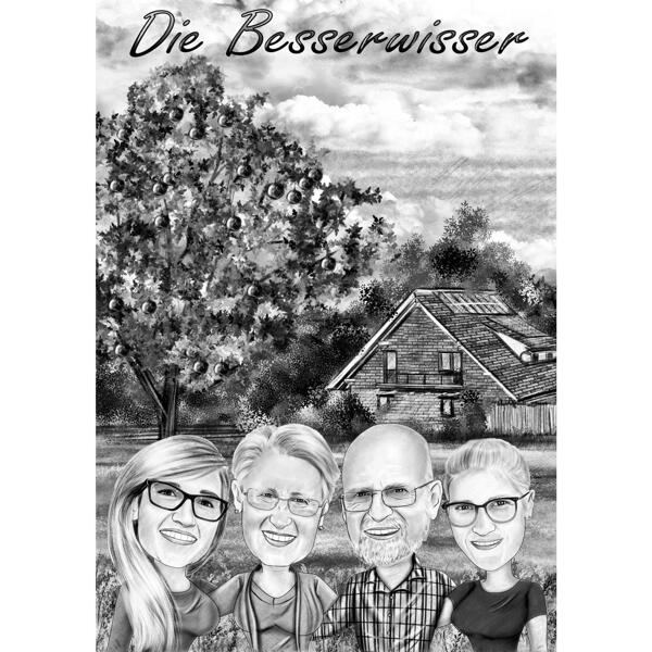 Parents with Daughters Caricature in Black and White Style with House Background