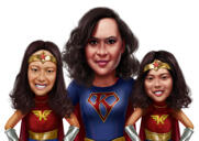 Caricatura de familie cu costume de supereroi aleatorii în stil colorat