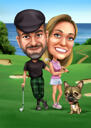 Caricatura de casal de corpo inteiro jogando golfe