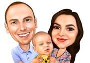 Pais com caricatura de desenho animado de bebê em estilo colorido a partir das fotos
