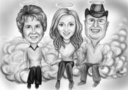 Карикатура трех человек в полный рост в черно-белом стиле