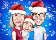 Family with Kids Caricature Portrait on Blue Background