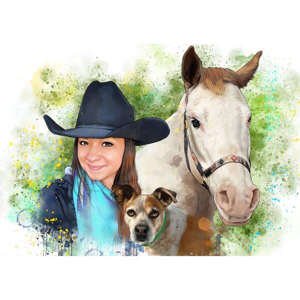 Person med blandet kæledyrsportræt i akvarelstil fra fotos