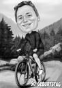 Caricatura de ciclista en estilo exagerado en blanco y negro sobre fondo personalizado