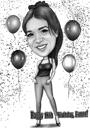 Full Body Female Caricature in Black and White Style with Background