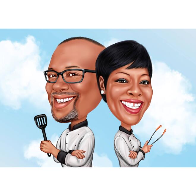 Caricatura de pareja de chef con utensilios de cocina en estilo de color sobre fondo liso
