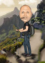 Vīriešu tūristu karikatūra krāsu stilā uz kalna fona