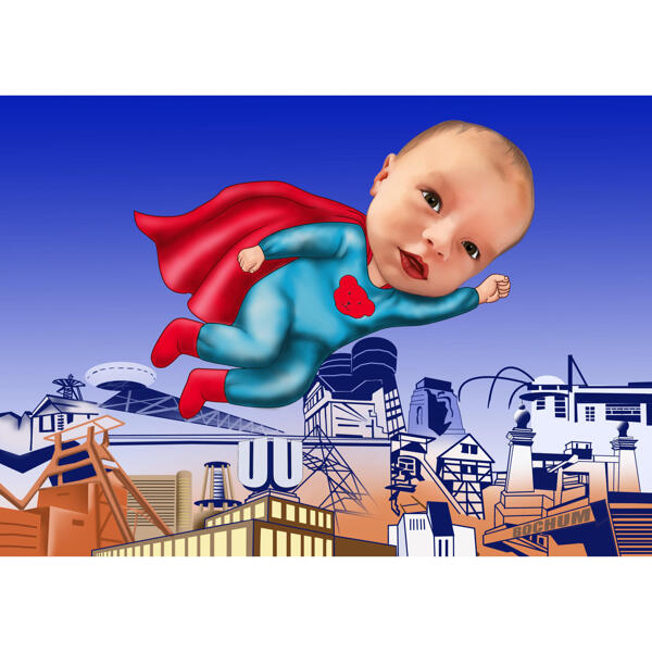 Caricatura de bebé infantil de superhéroe en estilo coloreado con fondo personalizado