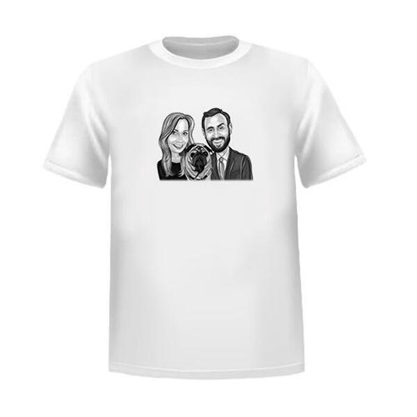 Couple with Pet Cartoon Drawing in Black and White Style as Custom T-Shirt Gift