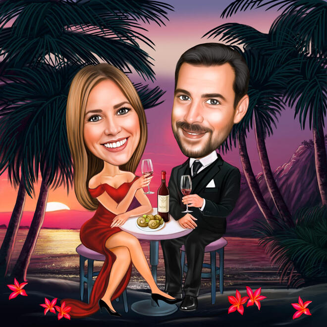 Romantic Dinner with Palms Caricature
