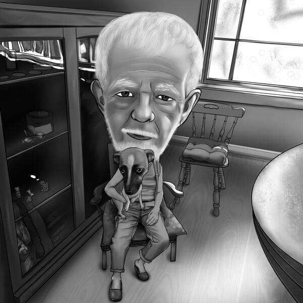 Owner with Pet in Black and White High Caricature Style on Custom Background