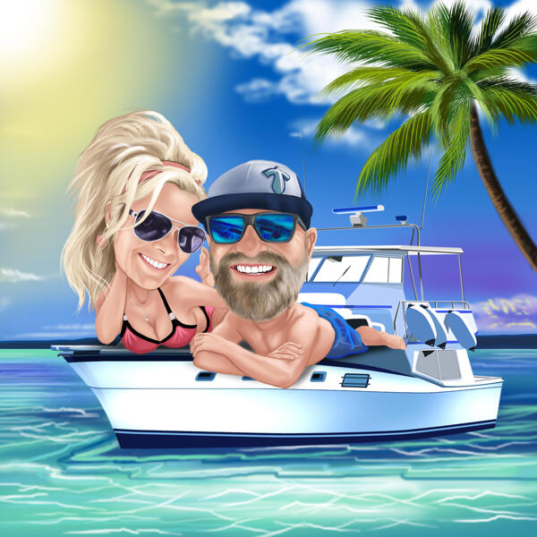 Caricatura de casal se bronzeando no barco