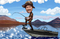 Caricatura del pescatore con pesce e canna da pesca