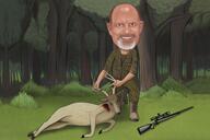 Caricatura de caza: cazador con animal salvaje