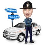 Gåva till pensionär: Polis med polisbilskarikatyr