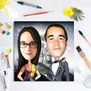 Portrait de caricature de couple charmant dans un style de couleur sur un cadeau d'impression d'affiche
