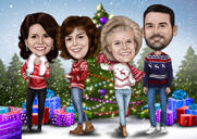 Grupo de personal corporativo con tarjetas digitales de caricatura de árbol de Navidad en estilo de color de fotos