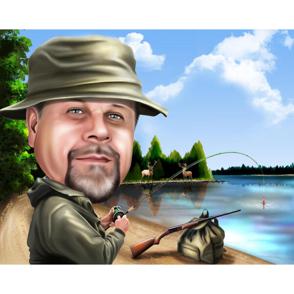 Caricatura de pescador con fondo de lago para amantes de la pesca