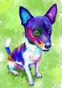 Celotělový portrét psa karikatury ve stylu akvarelu na zeleném pozadí