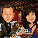 Caricatura de casal de fotos em restaurante