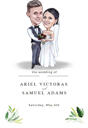 Kohandatud pruudi ja peigmehe pulmakutsekaardi karikatuur külalistele