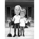 Cleaning Service Staff Caricature in Black and White Style on Custom Background