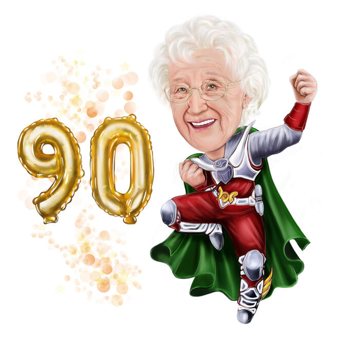 Cadeau de caricature de personne de super-héros 90 anniversaire dans un style de couleur à partir de photos