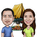 Camping Couple Cartoon Portrait with Campfire