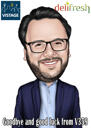 Caricatura de funcionário com logotipo da empresa