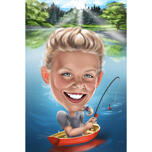 Caricatura de criança pescando com fundo de lago