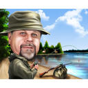 Caricatură de pescar cu fundal de lac pentru iubitorii de pescuit
