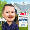 Desenho de caricatura de corretor imobiliário com informações comerciais