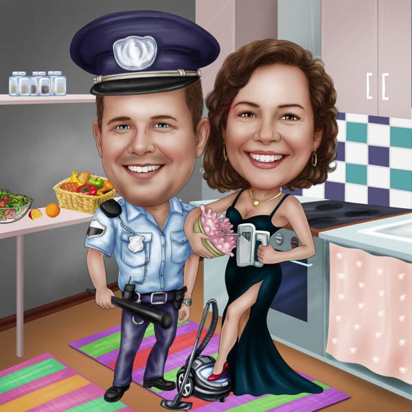 Politieagent met echtgenote karikatuurtekening