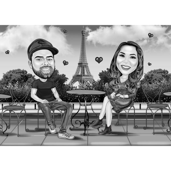 Caricatura de pareja de cuerpo completo con fondo romántico de París en estilo blanco y negro