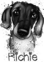 Dibujos animados de retrato de perro salchicha de fotos en estilo acuarela en blanco y negro