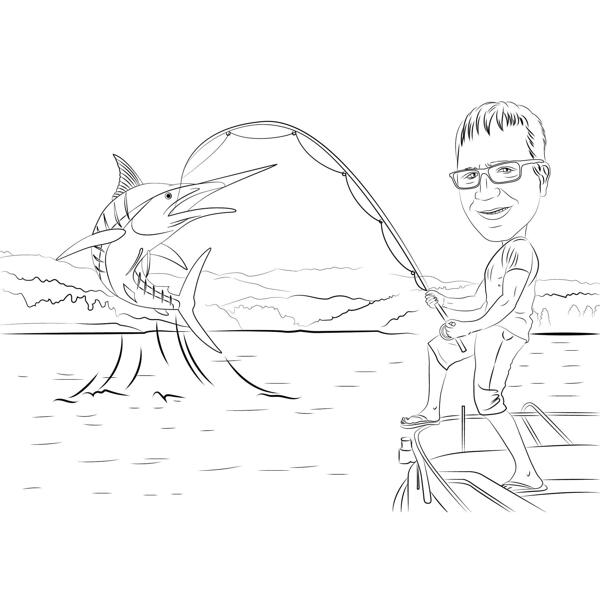 Zvejnieka karikatūra ar ezera fonu līniju mākslas zīmēšanas stilā