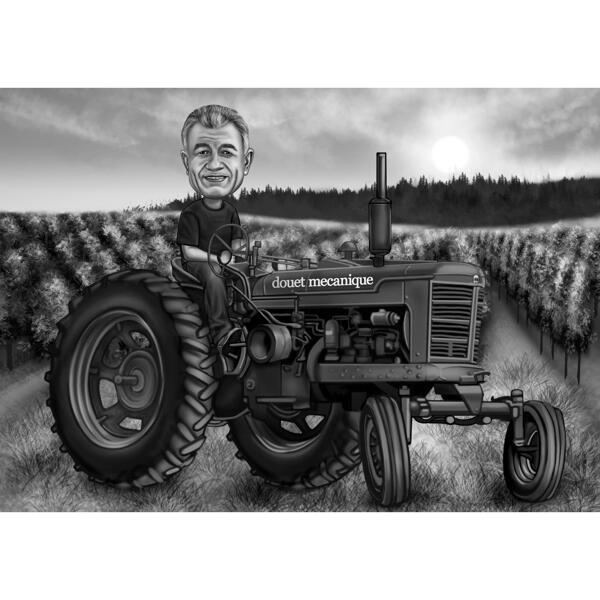 Caricature de fermier noir et blanc - homme sur tracteur avec fond personnalisé à partir de la photo